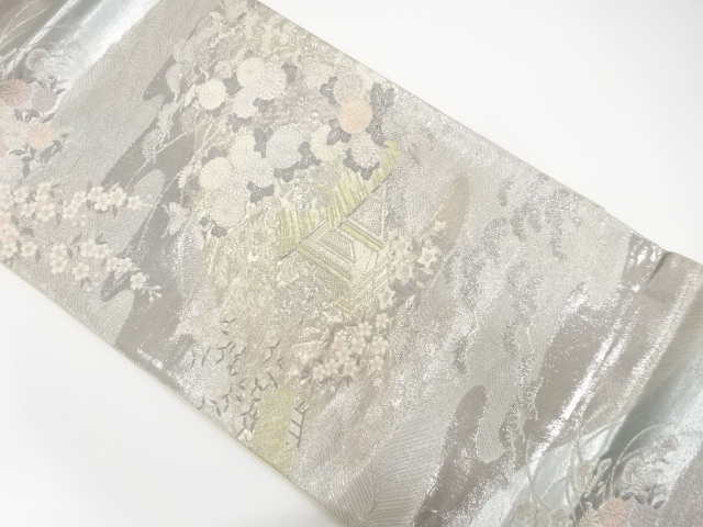 アンティーク　プラチナ二重箔　花に屋敷風景模様織り出し袋帯（材料）